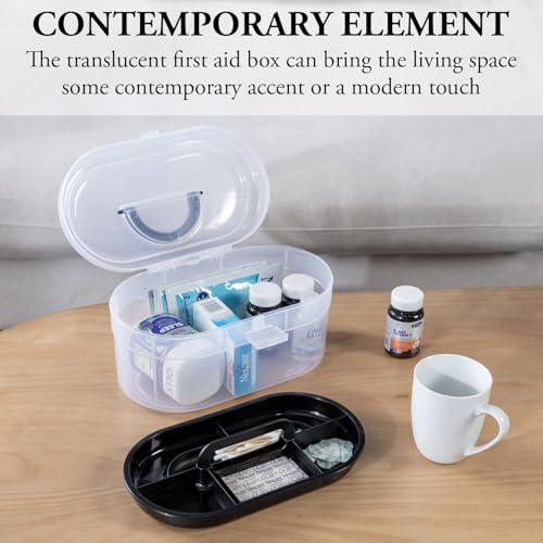 Image of MyGift 11 x 7 Inch Clear Plastic Arts & Crafts Storage Case, Round Portable Container with Black Top Handle and Removable Tray for First Aid Kit or Sewing Supplies