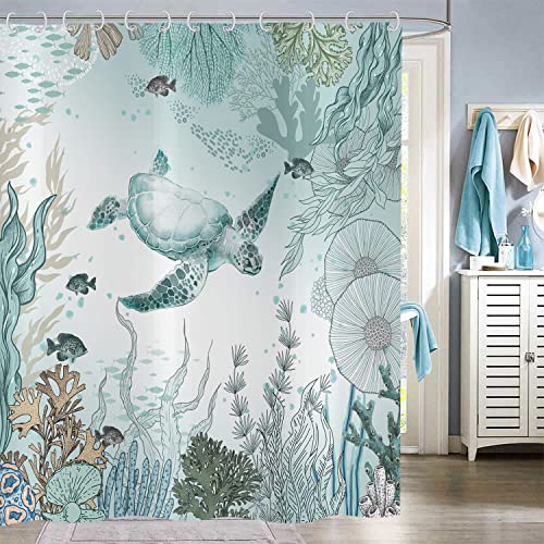 Hnmdmyi Rideau de Douche Tortue de mer 180x200, Nautique Côte Poissons Tropicaux Corail Turquoise Océan Thématique sous-Marin Vie Marine Rideau de Baignoire...