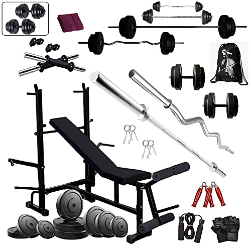 Image of BODYFIT Home Gym Set Combo,3 Ft Bend +5 Ft Straight Rod n 2x14'' Dumbbell Rods, (16Kg-100Kg) Weight Plates 8 in 1 Heavy Duty Gym Bench, Fitness Bench, Home Gym Equipment, Exercise Set. (50Kg Set)