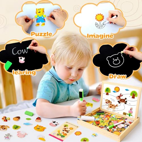COOLJOY Magnetisches Holzpuzzle 100+ Stück, Spielzeug Ab 2 3 4 Jahre Mädchen Jungen, Pädagogisches Magnetische Holzspielzeug Mit Bauernhof-Muster, Lernspielzeug Halloween Kinder