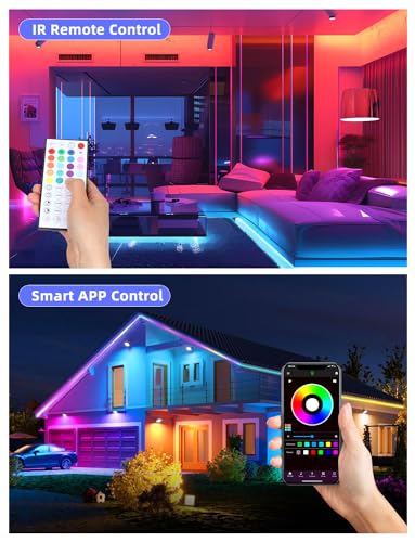 Image of 100 FT outdoor LED strip lights (2 rolls of 50 FT), IP65 waterproof, music synchronization RGB LED light, with 44 key remote control and application, used for outdoor, balcony, and roof decoration