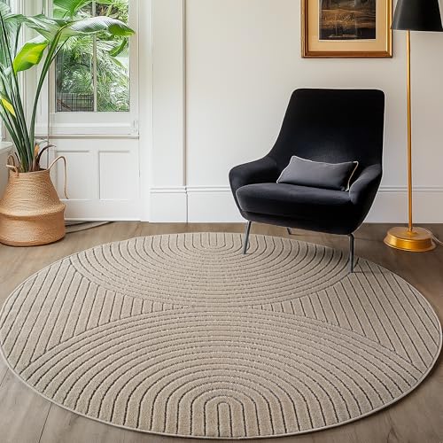 SIMPEX Kurzflor Teppich Rund 80 cm Beige Hoch Tief Effekt 3D Skandi Boho Design Balkon Teppich für Küche Flur Wohnzimmer Indoor Outdoor geeignet