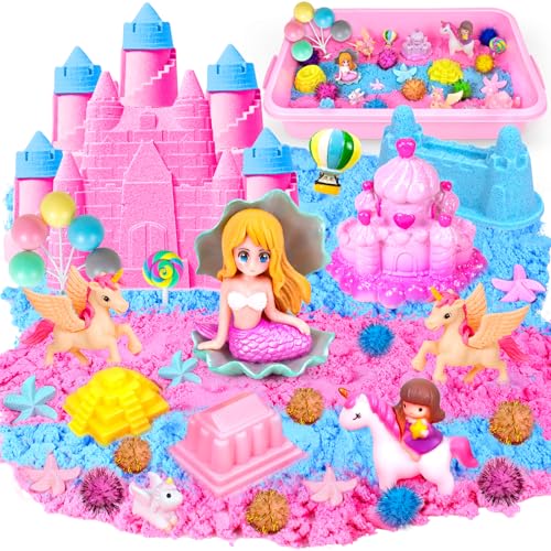 Hymaz Unicorn Sensory bin, Unicorn and Mermaid Play Sand Kit, Sandbox with 2.2lbs Magic Sand, Castle Molds, Ocean Scene Models, Preschool Indoor Birthday Gifts for Boys Girls Age 3 4 5 6 7 8