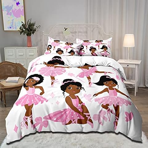 Cute Ballet Princess Dancer Twin Duvet Cover for Girls, Little Black Girls Ballerina Pattern Comforter Cover Set, Ultra Soft Microfiber Breathable Quilt Sets for Toddler Kids with 1 Pillowcase Cover