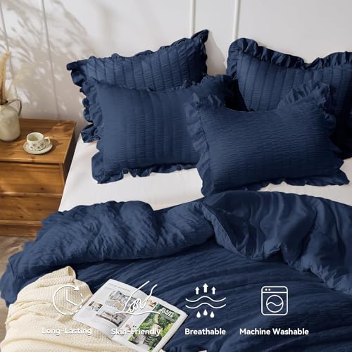 JOLLYVOGUE Navy Blue Comforter Full Size, 3 Pieces Seersucker Lightweight Full Size Bedding, All Season Fluffy Microfiber Bedding Comforter Set with 1 Ruffle Comforter and 2 Ruffle Pillowshams