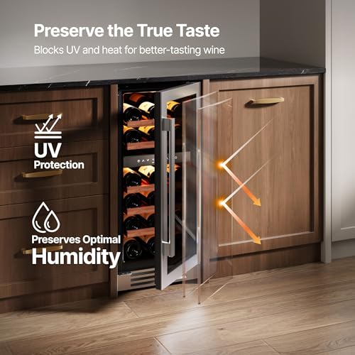 Image of Ca'Lefort 15 Inch Wine Fridge, 28 Bottle Dual Zone Wine Cooler | 40-65F Touch Control, Dual-Pane Glass Door, Adjustable Shelves, 3 Color LED, Built-In or Under Counter for Home Bar Kitchen