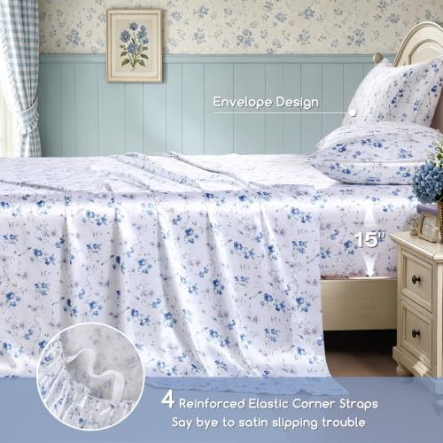 Image of MR&HM Satin Sheets Queen Size, 4 Piece Silky Floral Patterned Sheets with Elastic Corner Straps, 15 inch Deep Pocket, Soft Silk-Like Bed Sheets (Wildflower Blue)