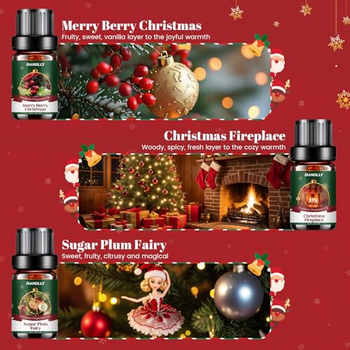 Hanolly Weihnachten Ätherische Öle Set, 6 x 10ml Aroma Diffuser Öl Duftöle - Weihnachtskamin, Zuckerpflaumenfee, Karamell Kürbis Wirbel, Goldenes Weihnachtsgewürz, Apfel Zimt