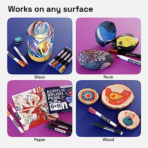 Image of ARTISTRO Paint Markers 16 Colors - Acrylic Pens for Rock, Glass, Fabric, DIY - Art Supplies - 16 Brush Tip Markers