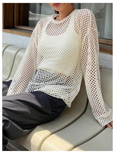 SHENHE Women's Trendy Crochet Mesh Cover Ups Top Summer Long Sleeve Hollow Out Crew Neck Sweater Tops4