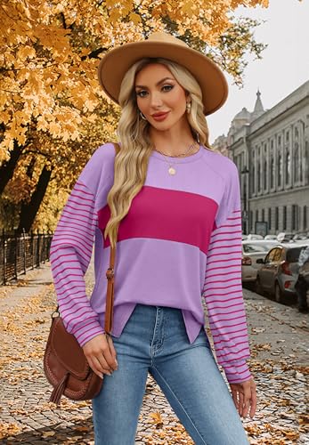 OFEEFAN Light-weight Lengthy Sleeve Shirts for Ladies Fall Vogue 2024 Colorblock Crew Neck tops Free Match Striped Shirt - Image 3