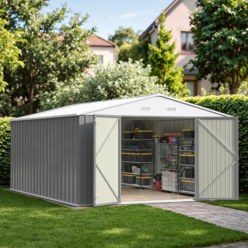 Image of Patiowell 10x14 FT Outdoor Storage Shed, Large Metal Garden Shed with Lockable Door and Sloping Roof, Outside Steel Utility Tool Sheds for Backyard Lawn Garden Patio, Grey