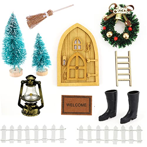 HUYUE Wichteltür Zubehör Weihnachten Set Elfentür Wichteltür Weihnachten Feentür Wichtel Tür Miniatur Weihnachtsbaum Zaun Teppich Laterne Wichtelbesen Holzleiter Kranz Puppenhaus Set Cover