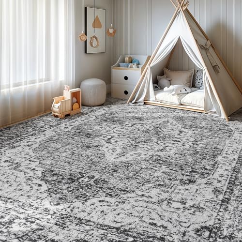 Lofus 5x7 Area Rugs for Living Room, Washable Area Rug, Rugs for Bedroom, Kitchen, Vintage Boho Carpet, Soft Non-Slip, Low Pile Large Area Rug for Office Dining Room, Vintage Dark Grey