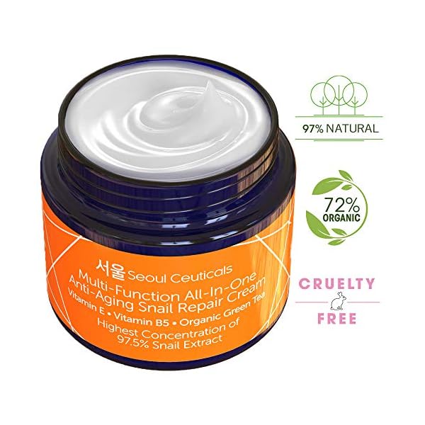SeoulCeuticals Korean Skin Care 97.5% Snail Mucin Moisturizer Cream - K Beauty Skincare Day & Night Snail Repair Cream Filtrate Cruelty Free 2oz