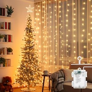Aigostar Lichterkette Vorhang 3AA Batterie, Lichtervorhang Innen 2x2m mit 200 LED Warmweiß, 8 Modi, Timer, Wasserdicht, Lichterkette Fenster für Innen, im Freien, Christmas Decorations