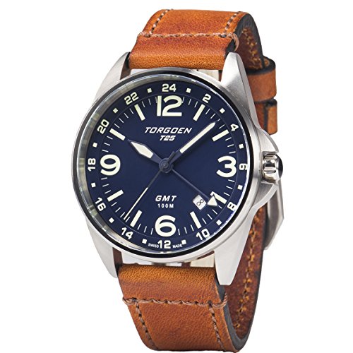 Torgoen T25 Blue GMT Pilot Wrist Watch | 41mm - Vintage Leather Strap | Sapphire Crystal