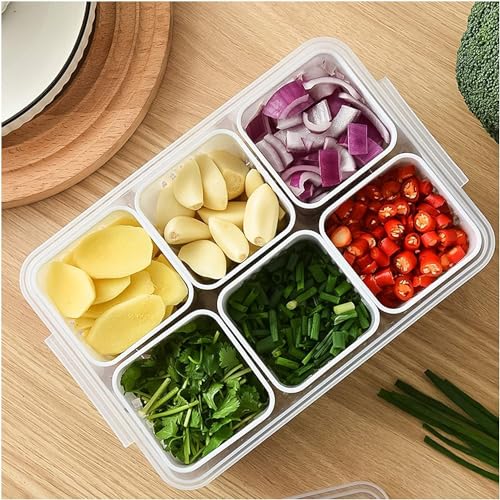 Image of VOLCANO Fridge Storage Containers, Fridge Organizer with Removable Drain Plate & Secure-Sealing Lids, Fridge Storage Boxes Keep Fruits, Vegetables Fresher, Container Box (6 grid Fridge Storage Box)