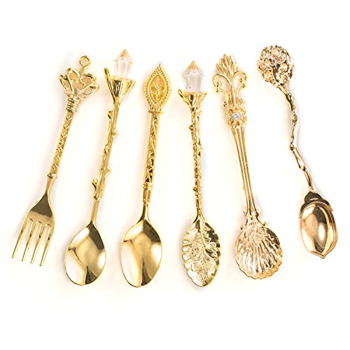 Lot de 5 cuillères à café et 1 fourchette Hivenets - Style bistro, café - Pour thé, glace, dessert, fruit - En acier inoxydable 6 Sets doré