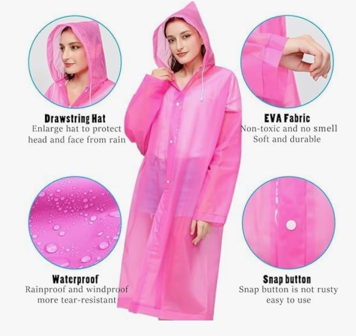 Unisex Raincoat With Hood - Pink (Pack of 1) | Waterproof Rain Poncho | EVA Material | Reusable | Lightweight | Universal Size | PINK Raincoat for Men and Women