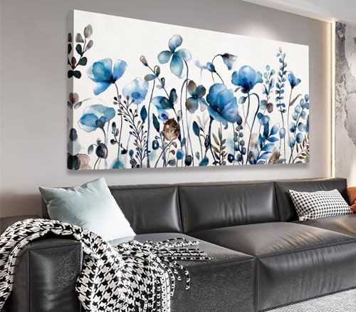 Image of VEAEE Floral Wall Art, Abstract Indigo Flowers Canvas Pictures, Living Room Wall Decor, Modern Landscape Painting, Botanical Grass Artwork for Bedroom Bathroom Kitchen Office Wall Decor 20 inchx 40 inch