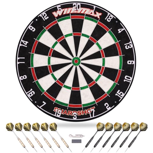 WIN.MAX Dart Board - Bristle Steel Tip Dartboard Dart Boards for Adults Bristle Steel Tip Dartboard Se for Adults Rotating Number Ring Staple-Free Bullseye with 12 Darts Metal Tip (New)