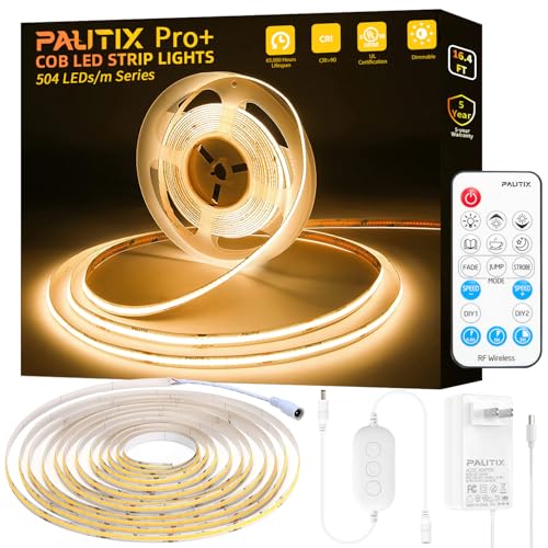 PAUTIX COB LED Strip Light 2700K,16.4ft Dimmable 2520LEDs DC24V Warm White LED Strip Lights,High Lumen Tape Lights Kit with RF Remote Timer Function and 48W Power Supply for Home, Kitchen DIY Lighting