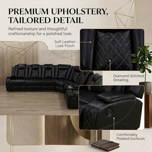 Image of Power Reclining Sectional Sofa for Living Room,Modern L-Shaped Air Leather Sectional Couch Set,Recliner Sofa Set,with LED Lights,Cup Holder,Storage,Charging Ports,Home (Blcak)