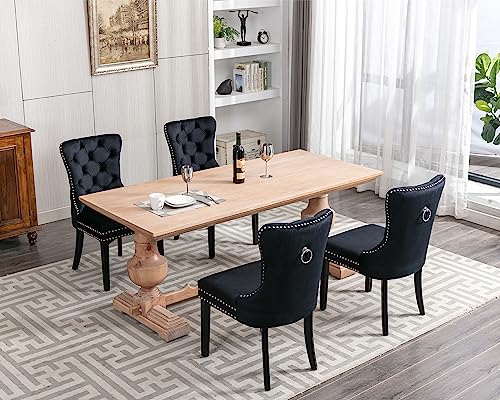 Kcc Velvet Dining Chairs Set Of 2 (Renewed), Upholstered High-End Tufted Dining Room Chair With Nailhead Back Ring Pull Trim Solid Wood Legs, Nikki Collection Modern Style For Kitchen, Black #TOP7
