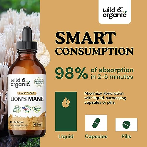 Wild & Organic Lions Mane Liquid Drops - Brain & Focus Support - Lion's Mane Mushroom Supplement - Hericium Erinaceus Mushroom Drops - Vegan, Sugar & Alcohol-Free Extract Tincture - 4 fl oz - Image 4