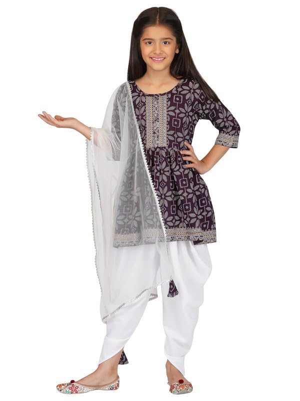 PAVITRACharming Dhoti Kurta Set for Girls Rayon Printed Round Neck Salwar Suit Set and Dhoti Pant Ethnic Wear for Kids Girls with Dupatta 05-13 Years Ages With Wine, Maroon, Blue, and Green Color