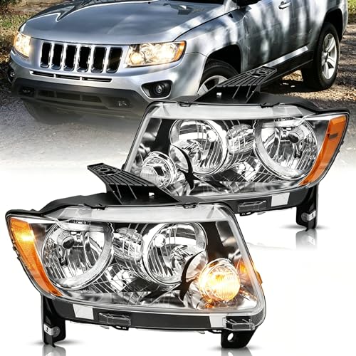 JSBOYAT Headlight Assembly Compatible with 2011-2013 Jeep Grand Cherokee 2011-2017 Compass Halogen Replacement OE Headlamp Not Fit for Cherokee Chrome Housing & Amber Reflector