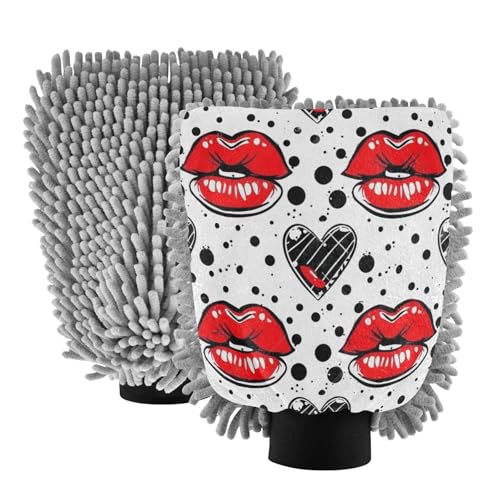 ALAZA Red Lips Heart Polka Dots Car Wash Mitt Scratch Free, 2 Pack Absorbent Microfiber/Chenille Washing & Drying Mitts, L