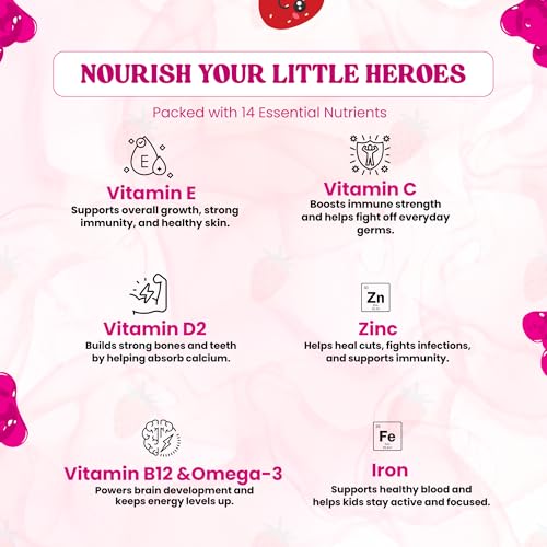 Image of Kids Multivitamin Gummies - Immune, Brain & Muscle Support with Veg Omega-3, Vitamin A, C, D2, E, Zinc Folic Acid & Iron - Strawberry Flavor, No Added Sugar, Gluten-Free, Soy-Free - 30 Count Gummmies For Kids (2+Years)