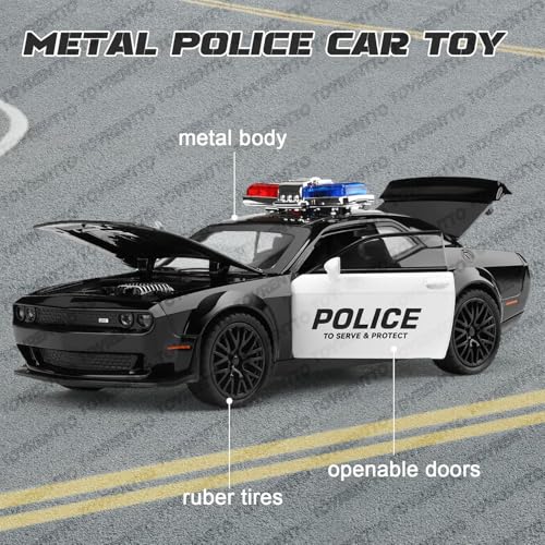 Image of 1:32 Die?Cast Dodge Challenger Hellcat Police Car Toy - Pull?Back, Light & Sound, Openable Doors /Hood /Trunk, Rubber Tires - Boys 3-12 Gift, Black
