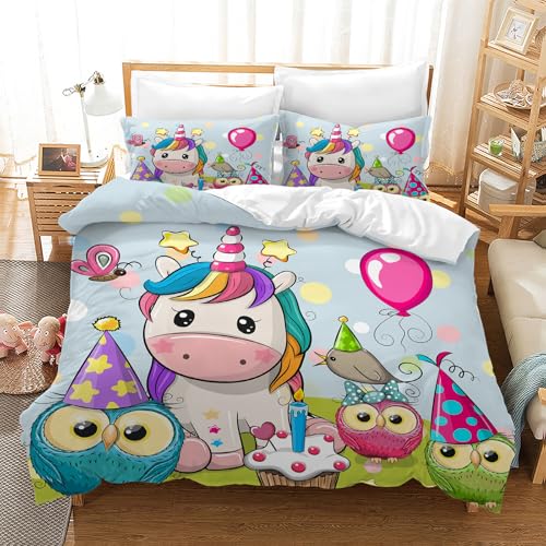 PQCXXA Kinder Einhorn Bettwäsche Mädchen-Bettwäsche Set Rosa 3D Cartoon Einhorn Bunt Blume drucken Bettbezug Set mit Reißverschluss und Kissenbezug 50x75cm (Blau A, 135x200cm)