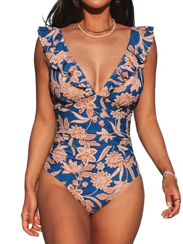 Cupshe, Traje de baño entero para mujer, modelador, con volantes, cierre con tirantes de lazo, M