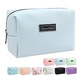 Small Makeup Bag MAANGE Travel Cosmetic Bag Makeup Pouch PU Leather Portable Versatile Zipper Make up Bag for Women (Blue)