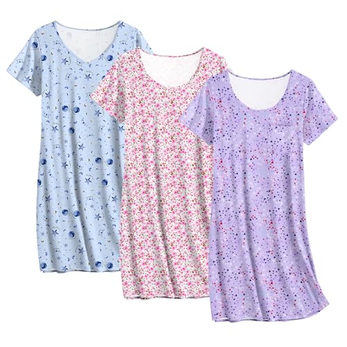 Ekouaer Cotton Nightgowns for Women 3 Pack Sleepshirts Short Sleeve Night Shirt Tshirt Night Gown Soft Sleepwear Print Sleep Dress Pink Floral/Moon Star/Purple Star Large
