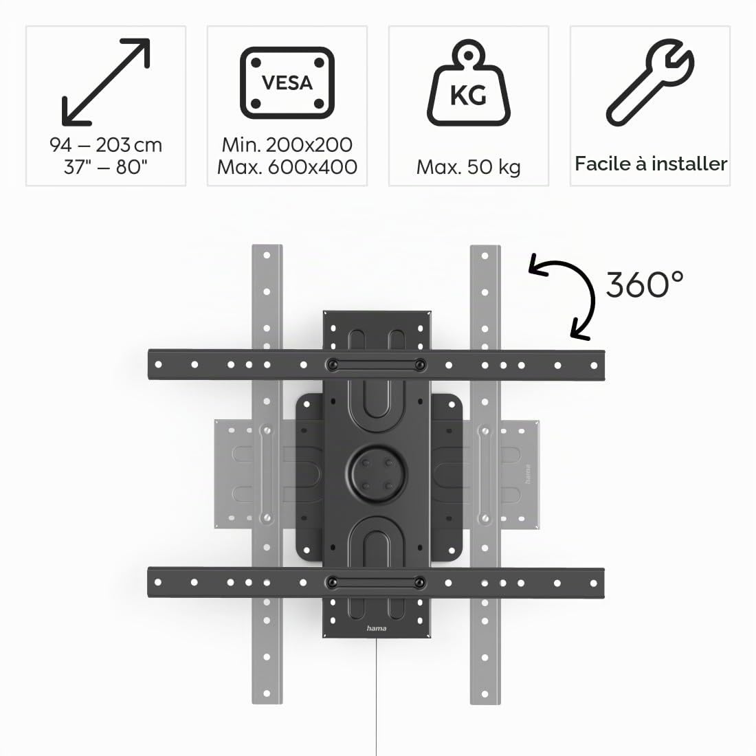 Hama Support Mural TV Orientable Portrait et Paysage Garantie 10 Ans (TV 37" à 80", 203cm 50kg Max, Rotation 360°, VESA 600x400 Max, Chevilles Fischer) Noir