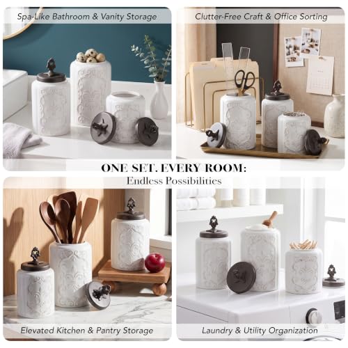 American Atelier Fleur de Lis White Canister Set 3-Piece Ceramic Jars in 84.5oz, 74.5oz, & 60oz Designed w/Airtight Stainless Steel Lids for Cookies, Candy, Coffee, Flour, Sugar, Rice, Pasta, Cereal - Image 6