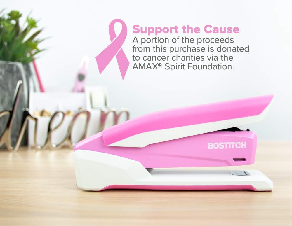 Bostitch Office InPower Spring-Powered Desktop Stapler, 20 Sheet Capacity, One Finger Stapling, Includes 210 Staples, Jam Free, Opens for Tacking, Breast Cancer Awareness Pink