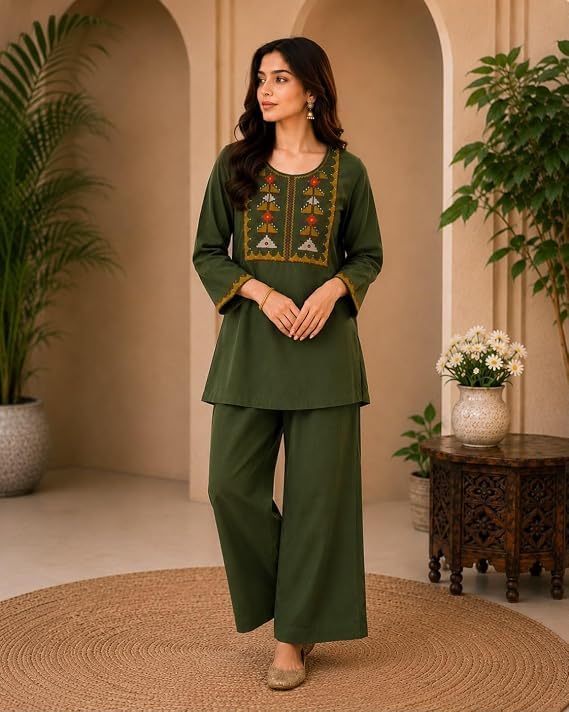Image of Women's Embroidered Kurta Palazzo Set | Ethnic Co-Ord Set with Printed Design | Casual Traditional Outfit.
