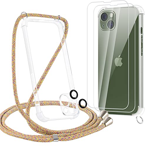 arbcome Handykette Hülle für iPhone 13 Hülle mit Band und 2 Kamera Schutzfolie, Transparent Necklace TPU Silikon HandyHülle Schutzhülle Kordel zum Umhängen, Abnehmbar und Einstellbar Design-Bunt Cover