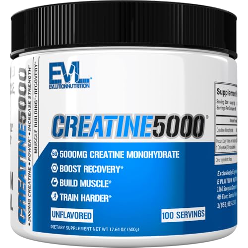 Evlution Nutrition Creatine 5000 - Supports Faster Recovery, Lean Muscle Growth & Performance - Pre & Post Workout Powder - 5000mg Pure Creatine Monohydrate Per Serving - 100 Servings - Unflavored