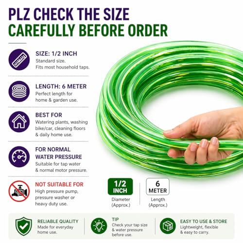 Image of 1 /2 Inch 19.68 feet (6 meter) Garden Hose Pipe with Rubber Tap Connector | Lightweight Flexible PVC Water Pipe for Home Use (Transparent Green)