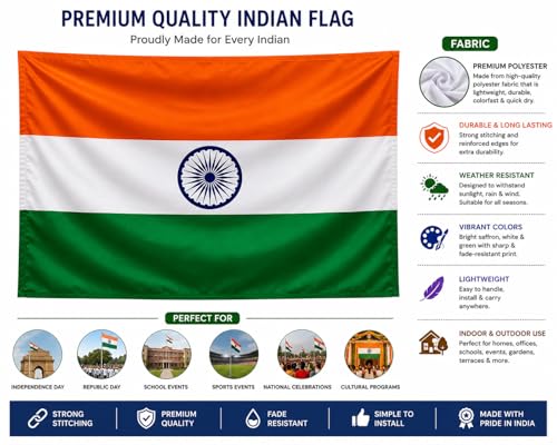 Image of The Flag Company Indian National Flag 3ft x 4.5ft (36 x 54 Inches) | Premium Polyester Fabric | Indoor & Outdoor Use | Fade Resistant Tiranga Flag for Home, Office, School, Events & Celebrations