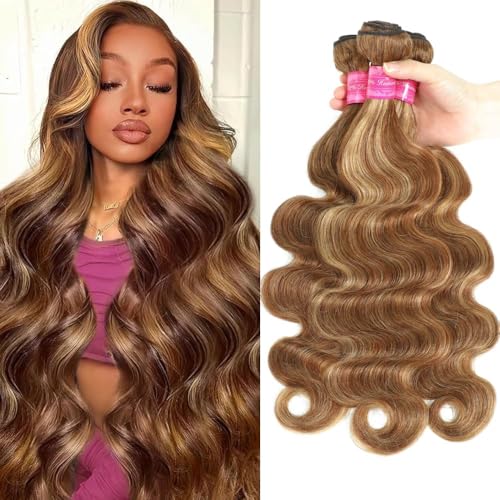Ombre Human Hair Bundles Honey Blonde Body Wave 3 Bundles 20 22 24 Inch 100% Brazilian Virgin Hair 4/27 Highlight Body Wave Bundle Soft and Healthy Sew In Hair Extensions Real Human Hair for Women