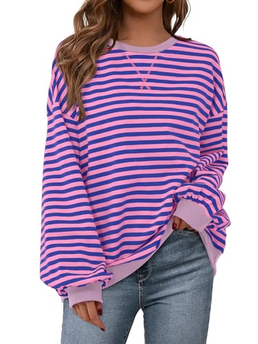 Image of PRETTYGARDEN Womens Striped Oversized Sweatshirt Color Block Crew Neck Long Sleeve Casual Loose Pullover Top Y2K Clothes