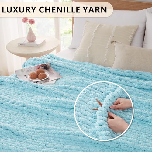 L'AGRATY Chenille Chunky Knit Blanket, Light Blue, 50x60, Heavyweight Throw Blanket for Home Decor